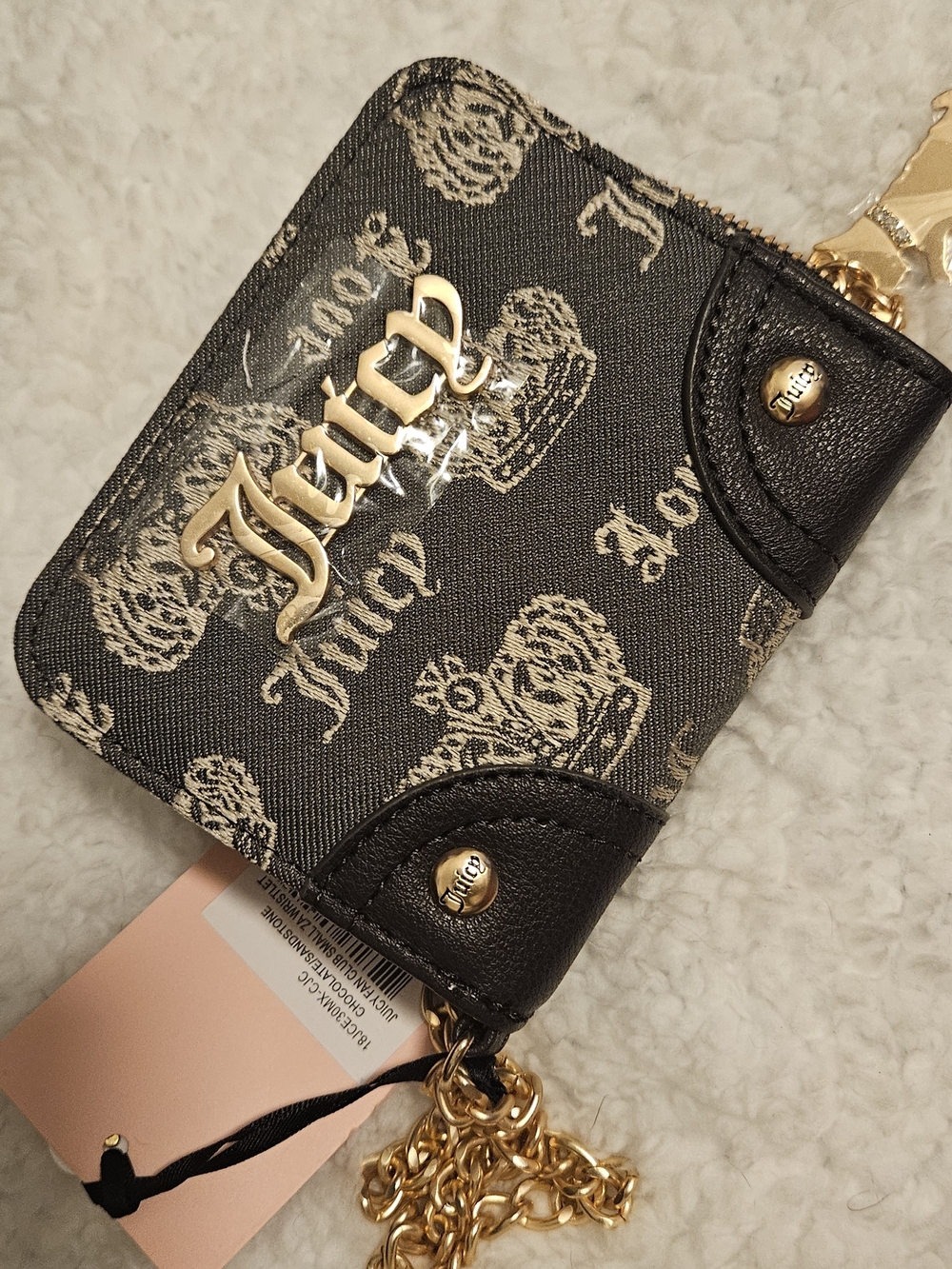 NWT Juicy Couture Black Fan Club Mini wallet with Gold Logo and Chain